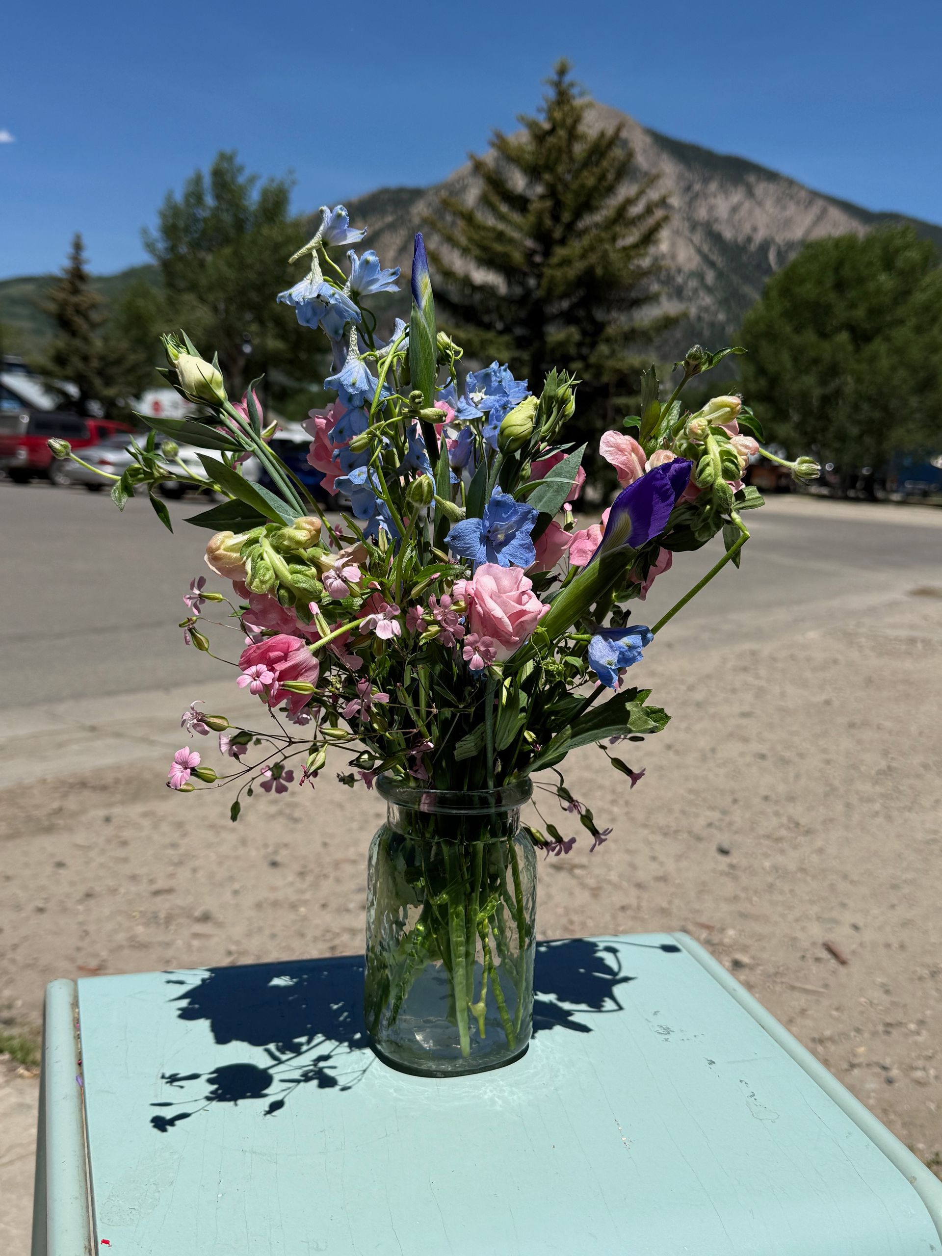 Bouquet of colorful wildflowers in a glass jar on a blue table, with mountains and trees in the background