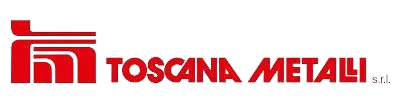 Logo rosso per Toscana Metali srl, caratterizzato da un'icona geometrica astratta accanto al nome dell'azienda in caratteri tipografici audaci.
