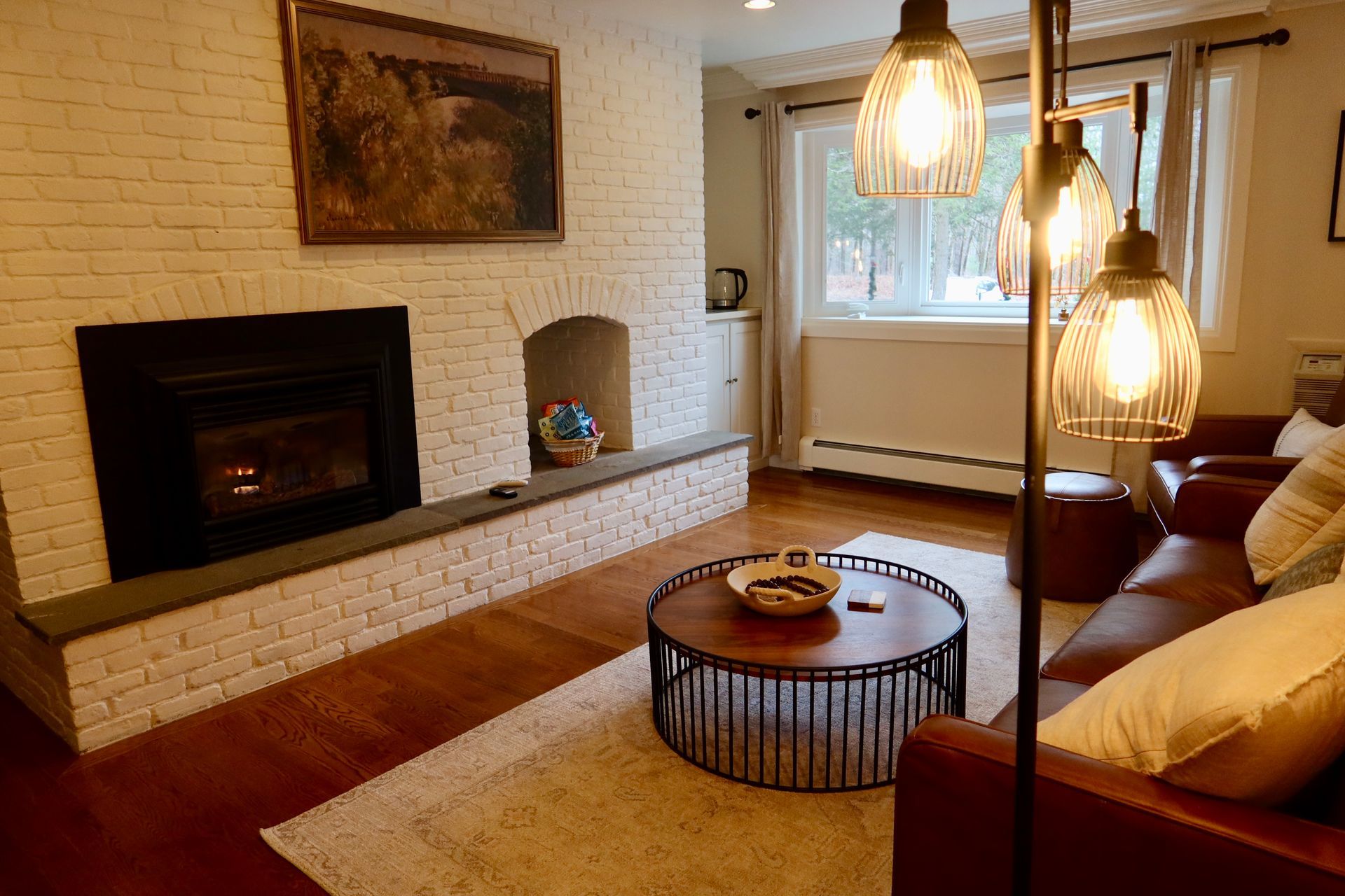 living room and fireplace