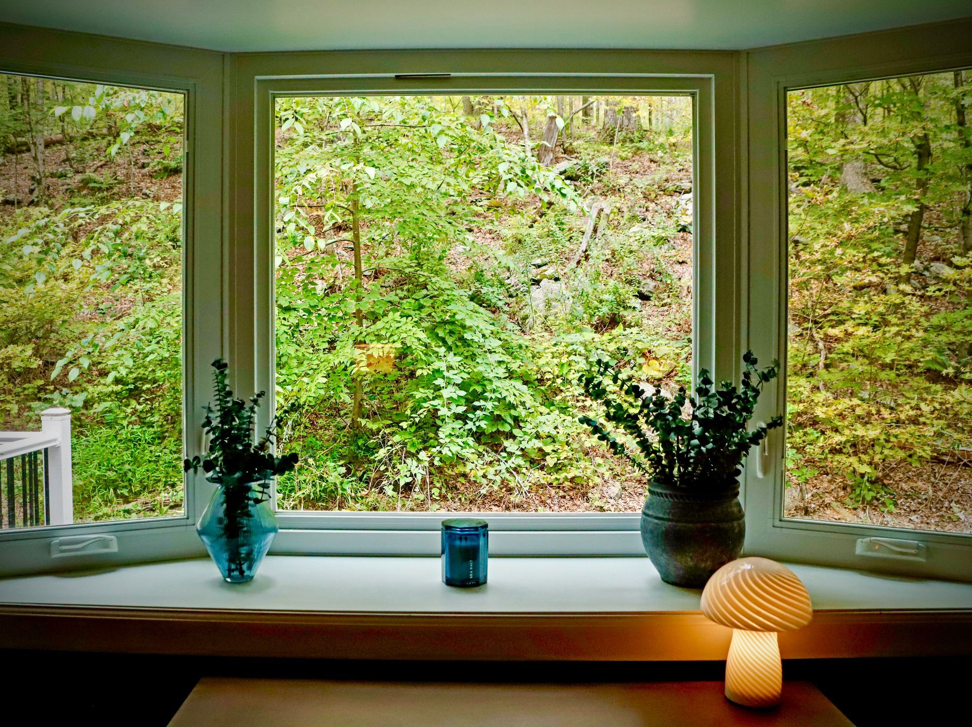 A window with two potted plants and a lamp on it