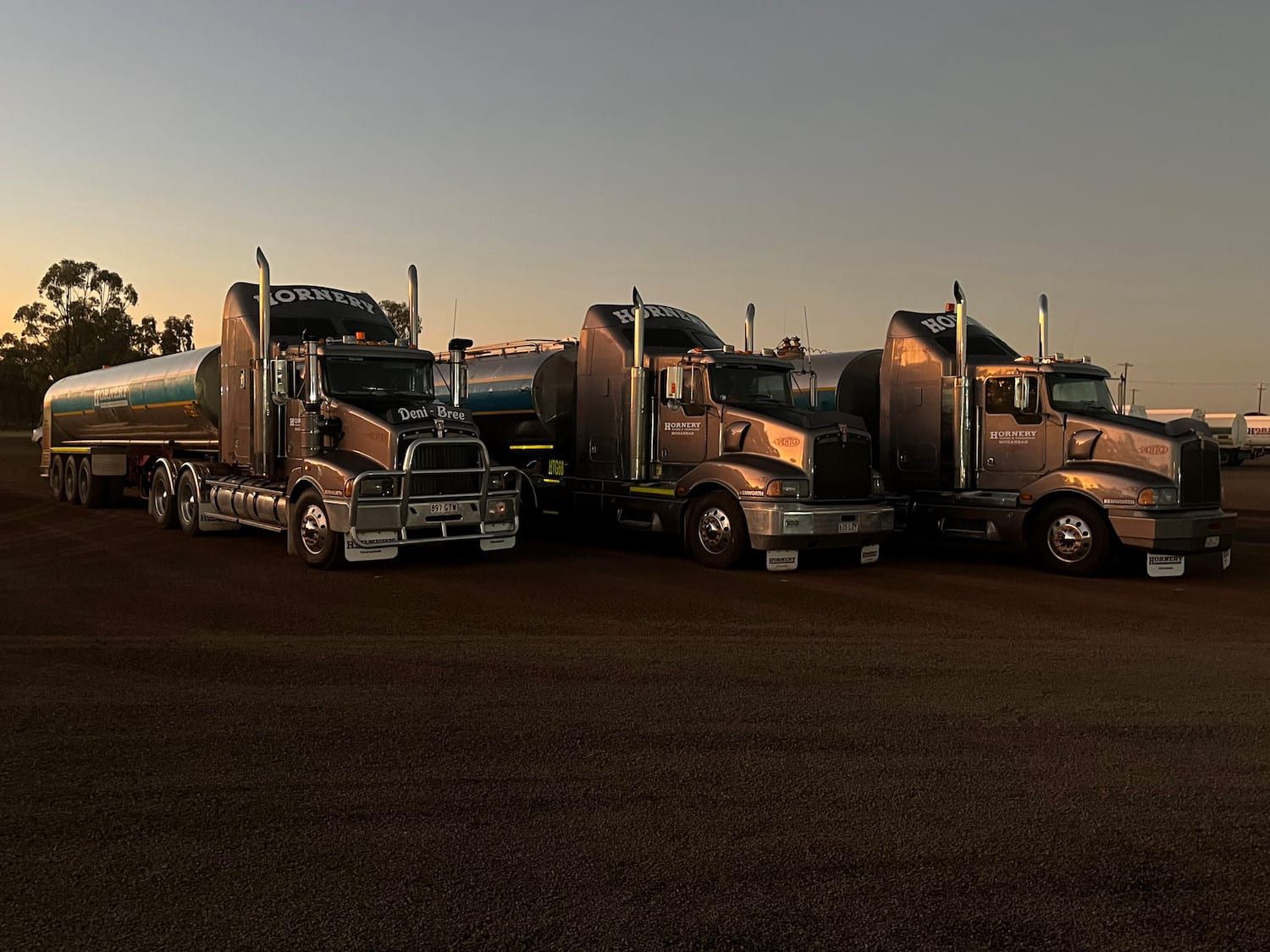 Three semi trucks are parked next to each other in a parking lot.