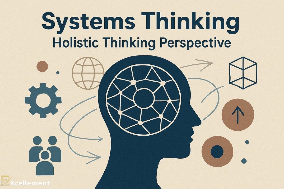 Systems Thinking poster with a head silhouette, network diagram, and icons on a beige background