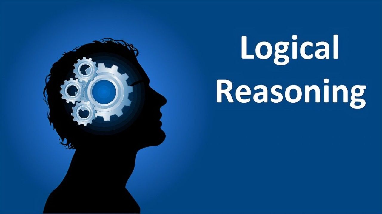 Silhouette head with gears and “Logical Reasoning” text on a blue background