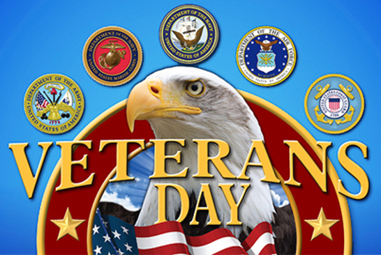 Veterans Day graphic with eagle, flags, and military emblems on a blue background