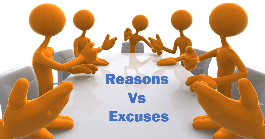 Orange stick figures facing each other around “Reasons vs Excuses” text on a white background