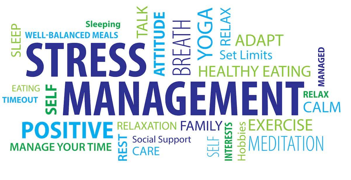 Word cloud about stress management in blue, green, and gray, with words like