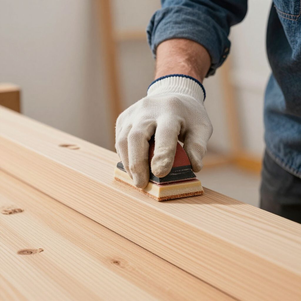 Person sanding wood with a sanding block, wearing a glove.