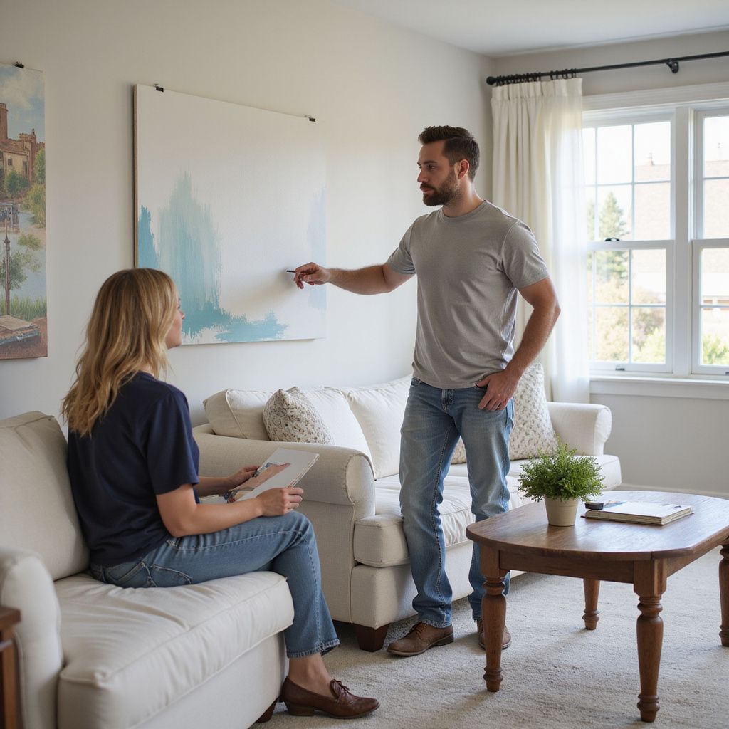 Man pointing at abstract painting as woman sits on sofa, inside a living room.