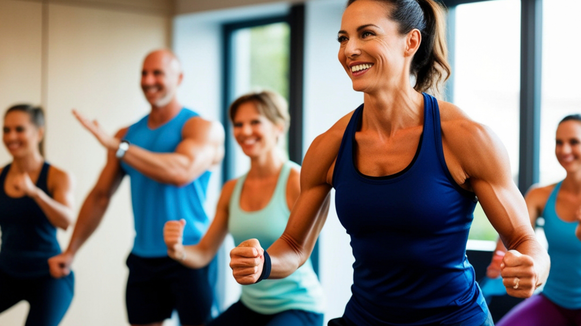 Group fitness classes for adults with community based fitness training and high energy workout programs