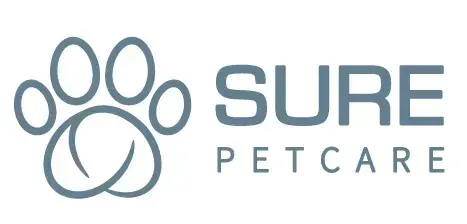 The logo for sure petcare has a paw print on it.