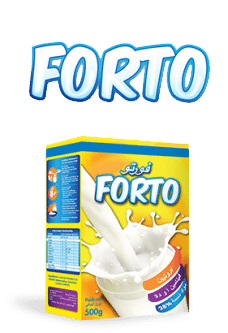 A yellow and blue box of forte milk powder
