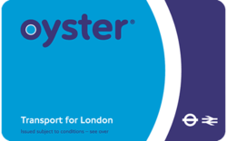 A blue and purple oyster transport for london card