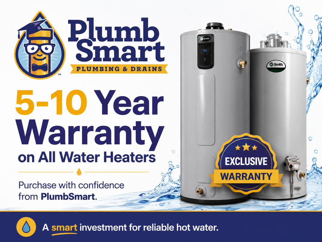 Plumb Smart ad for 5–10 year warranty on white water heaters with blue and gold branding