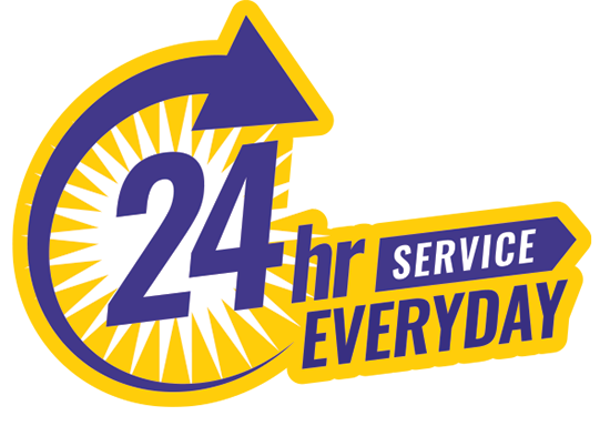 24-hour service everyday logo with blue and yellow arrow around “24 hr” text