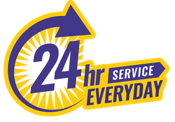 24 hr service everyday logo in purple, white, and yellow with a clock arrow design