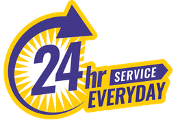 24 hr service everyday logo in purple, white, and yellow with a clock arrow design