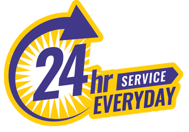 24 hr service everyday logo in purple, white, and yellow with a clock arrow design