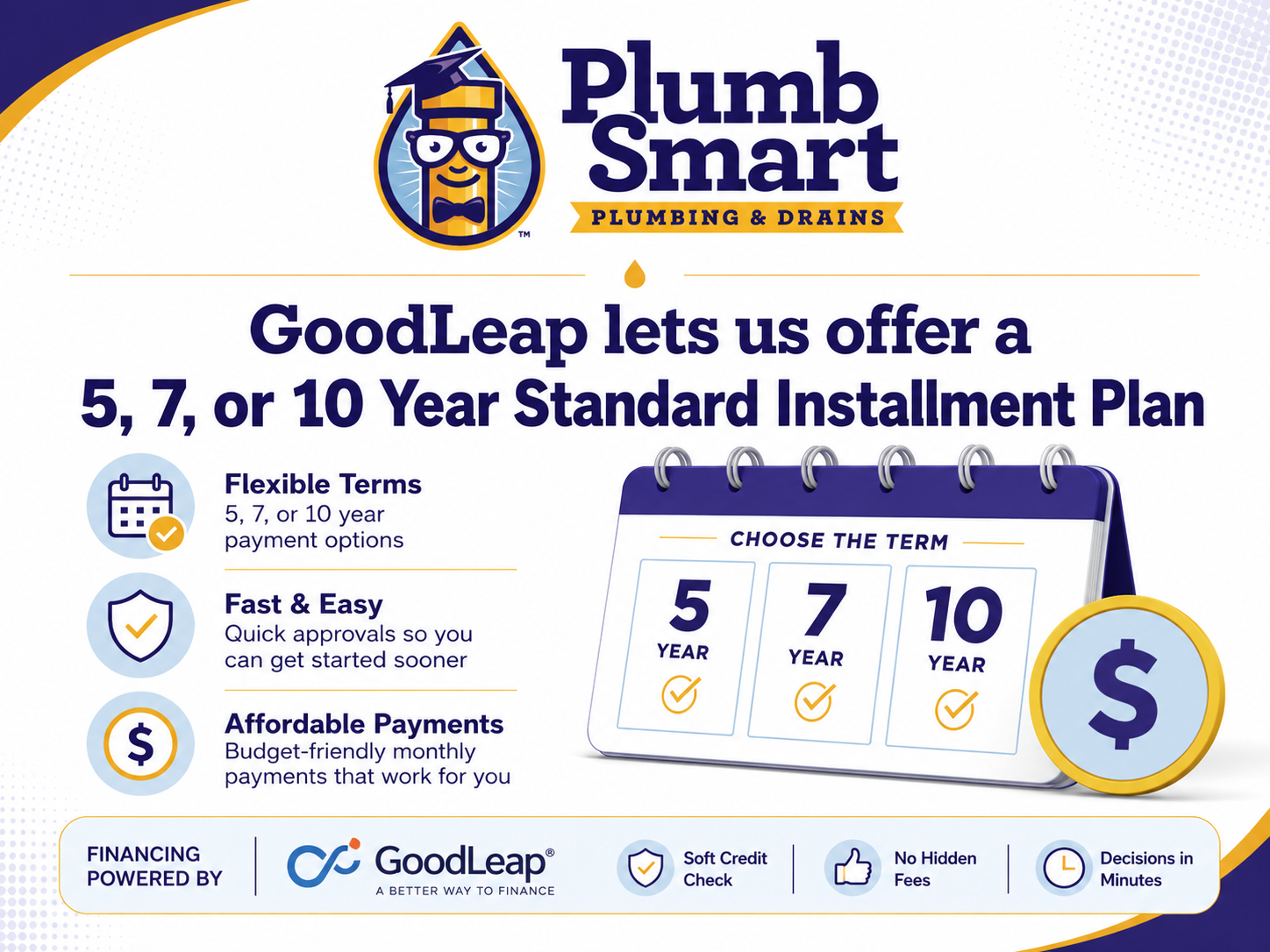 Plumb Smart ad for GoodLeap 5-, 7-, or 10-year standard installation plan, with financing details and icons.