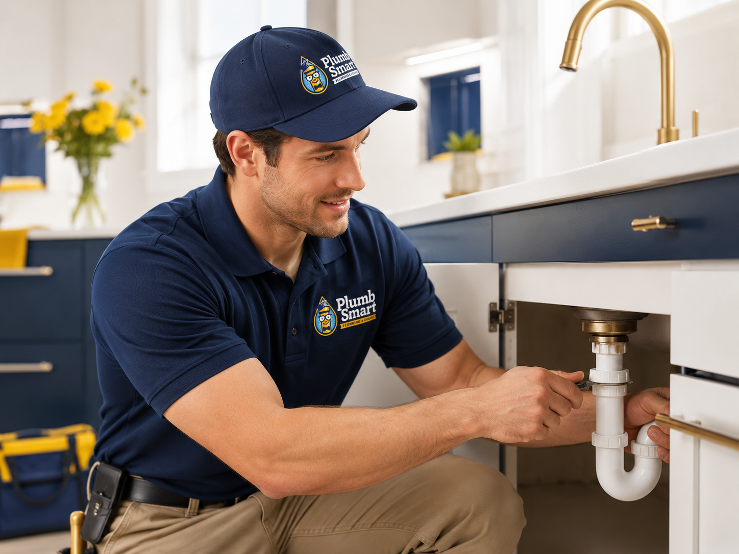 Plumber kneels under a bathroom sink, tightening pipes beneath a white vanity.