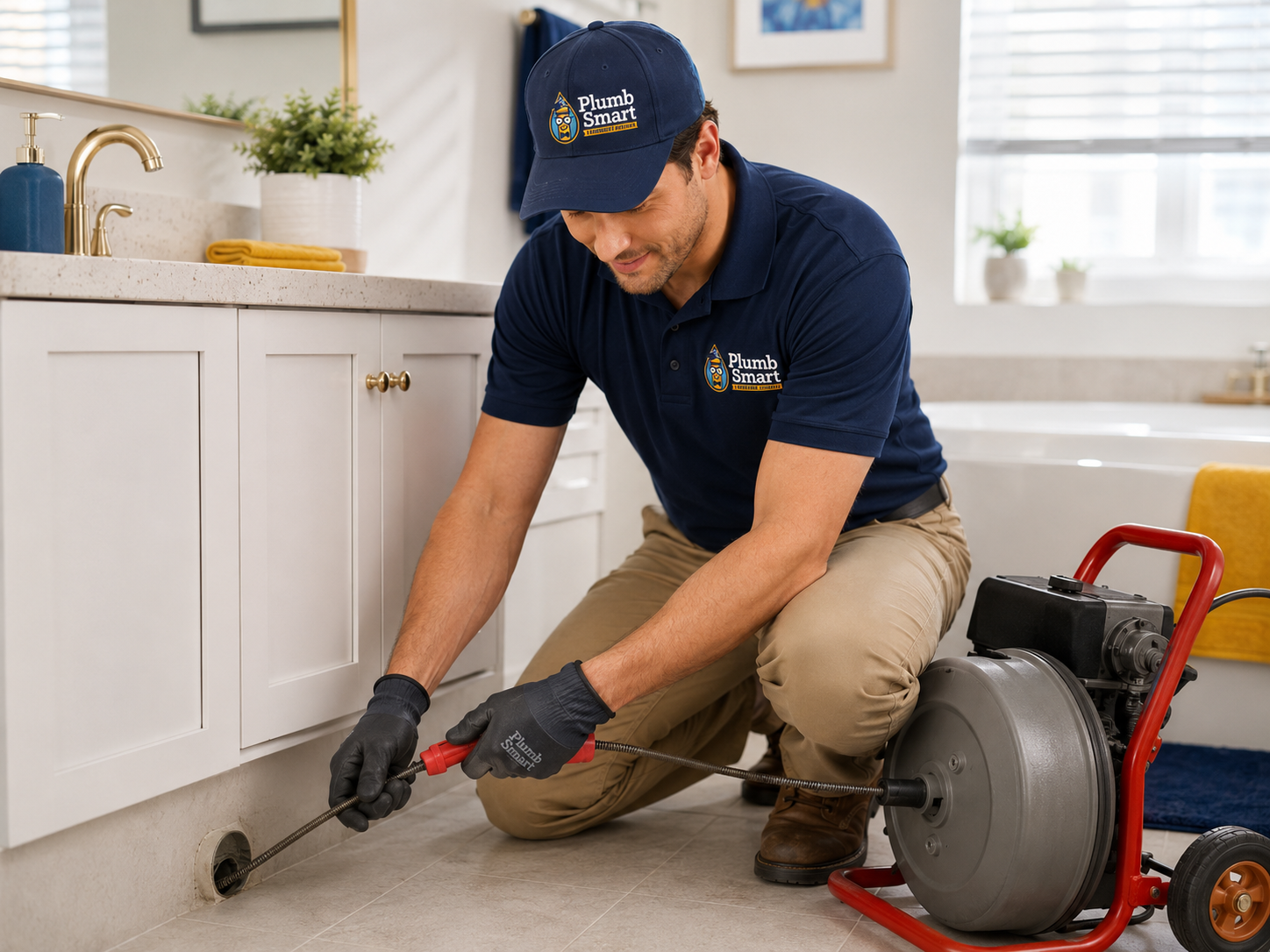 Plumber unclogging a kitchen drain with a drain snake beside a sink and cabinet under renovation