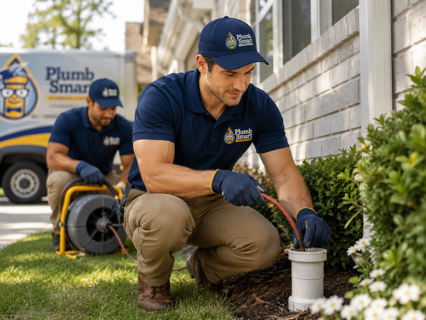 Technicians installing a white pipe in a garden beside a plumber service van