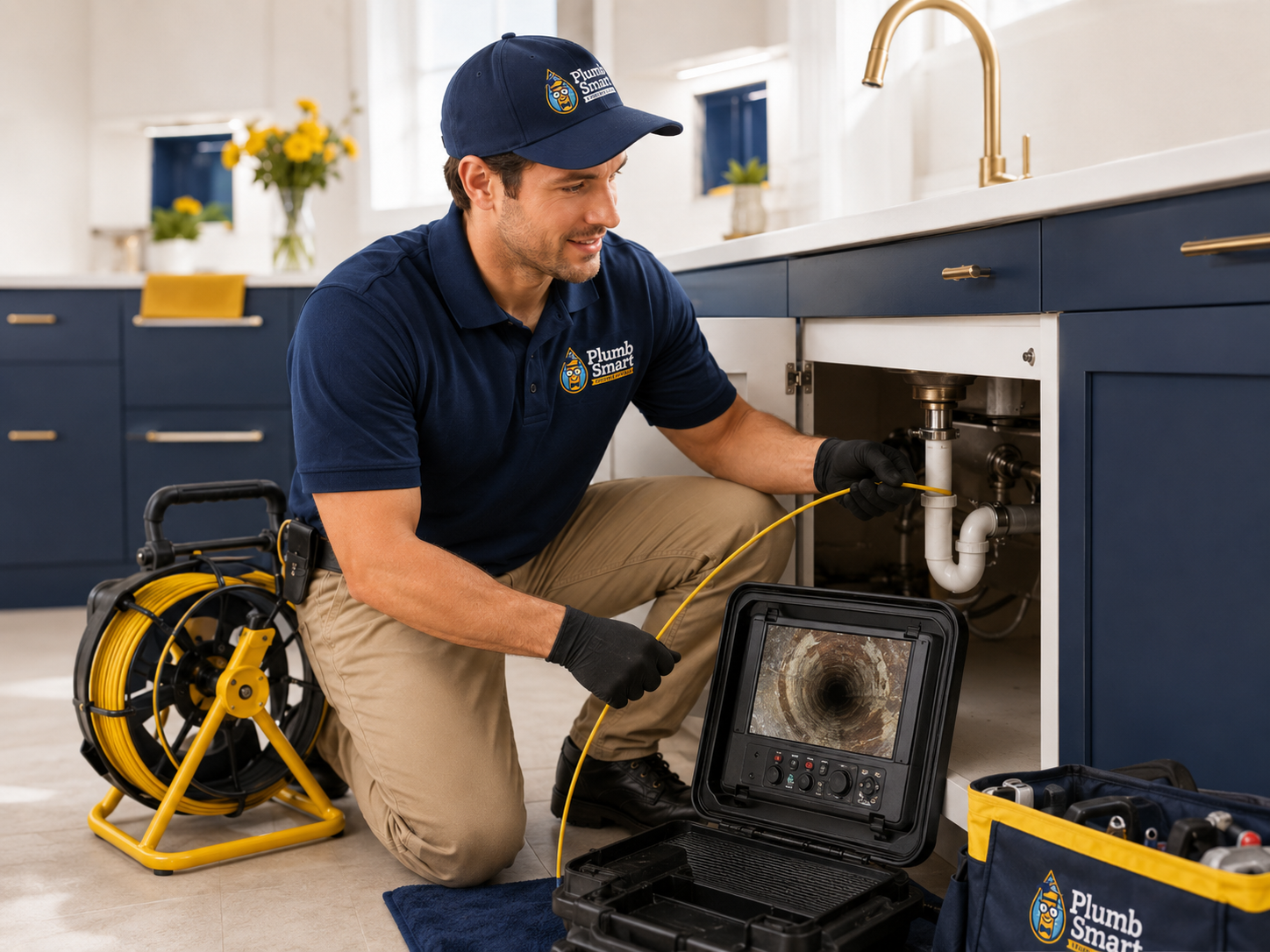 Plumber inspecting a drain camera in a kitchen, with tools and a sink cabinet open