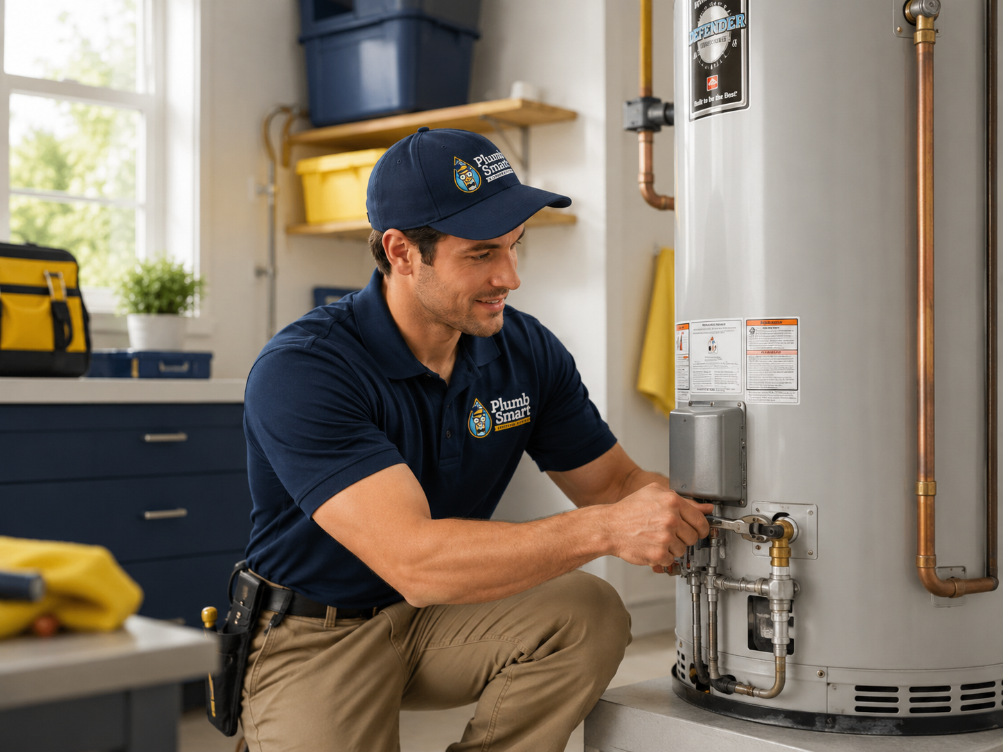 Technician inspecting a water heater in a utility room, kneeling beside the unit with tools nearby.