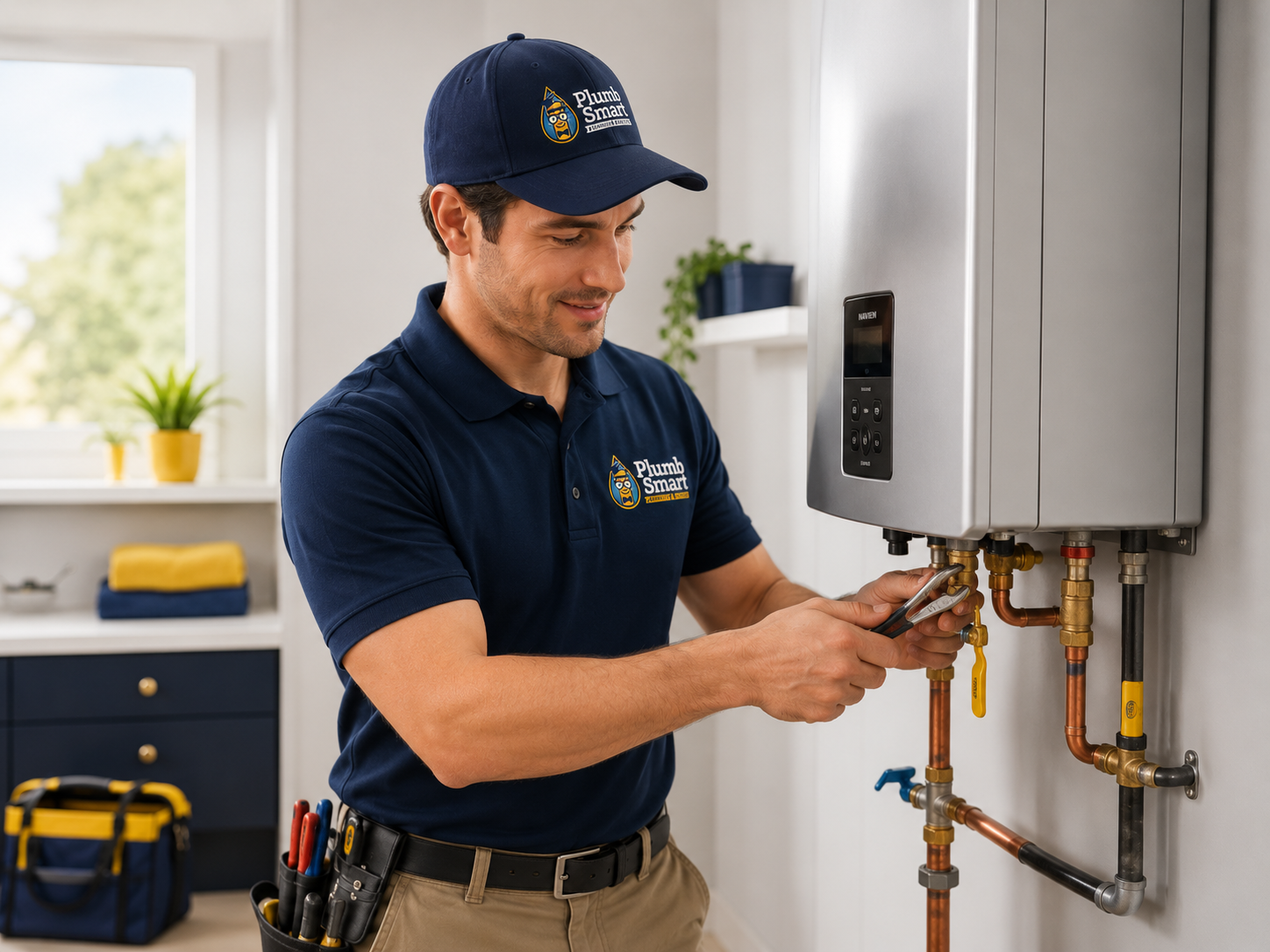 Technician in navy uniform adjusts a wall-mounted boiler with tools in a bright utility room