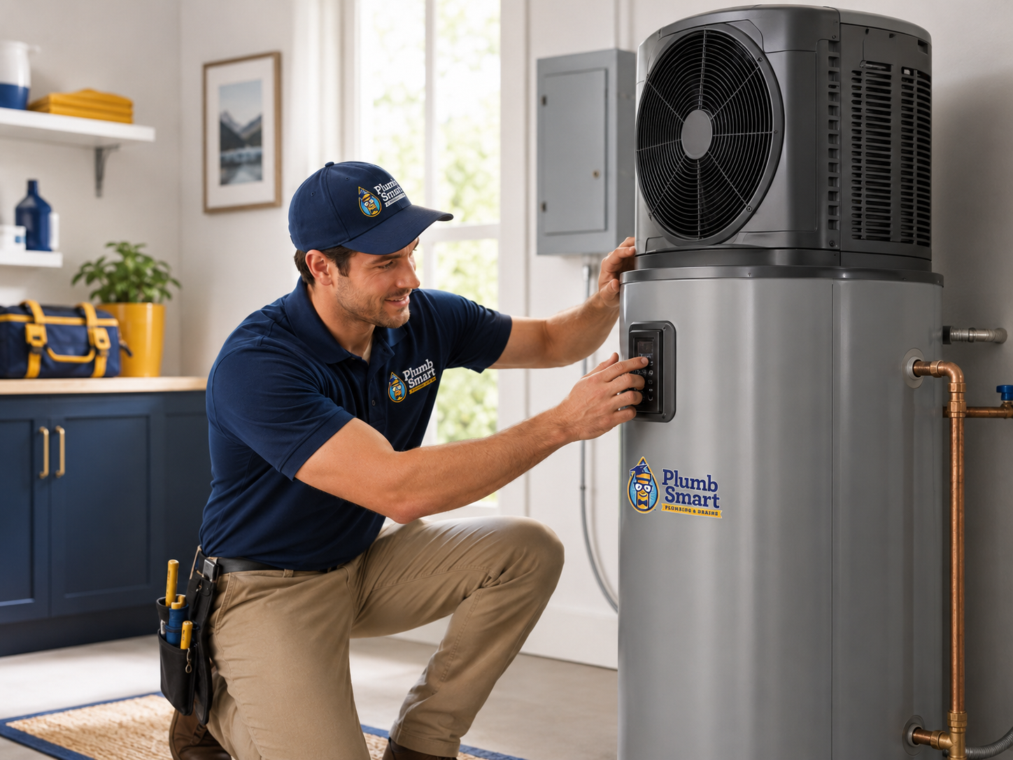 Technician adjusting a water heater in a bright home kitchen utility area.