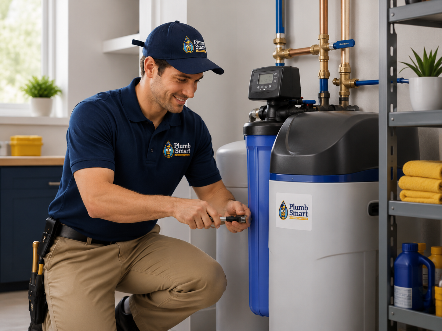 Technician kneeling beside a water heater, tightening a valve in a bright utility room