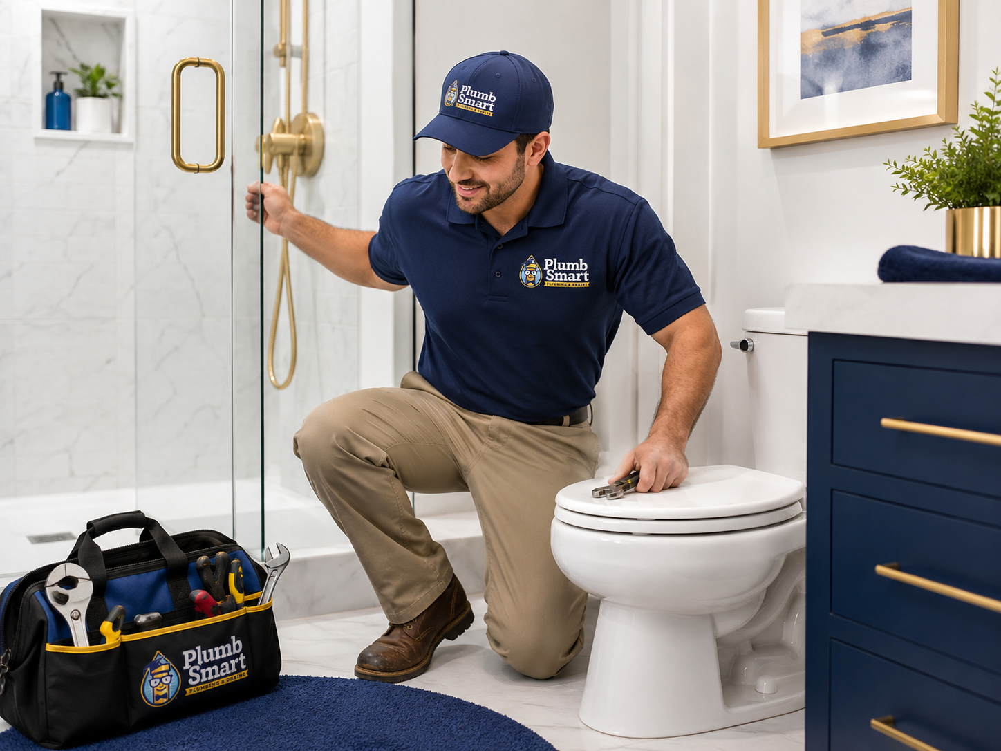 Plumber kneeling beside a toilet in a bright bathroom, holding a shower door handle with tools nearby.