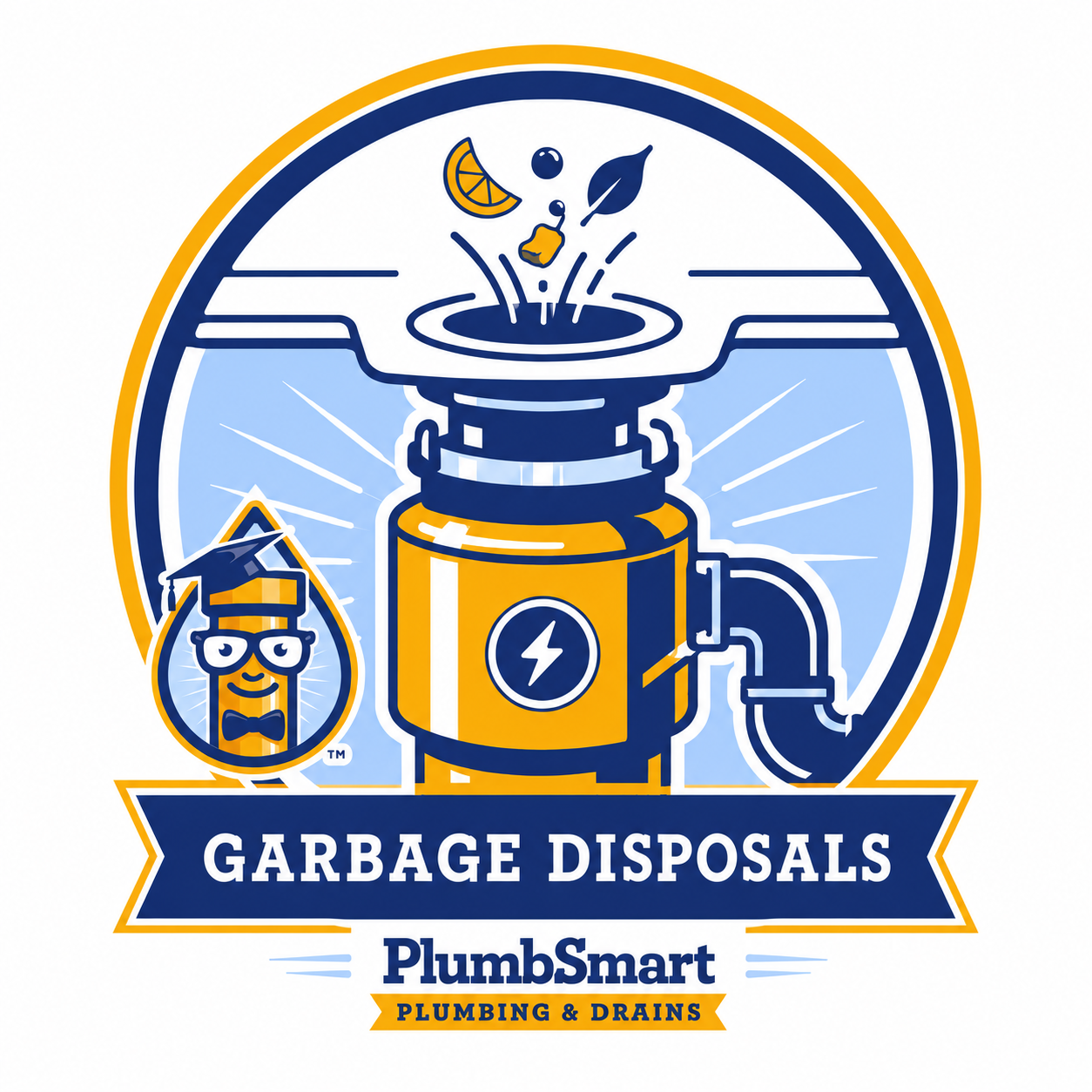 PlumbSmart garbage disposal logo with blue and orange disposal unit and mascot icon