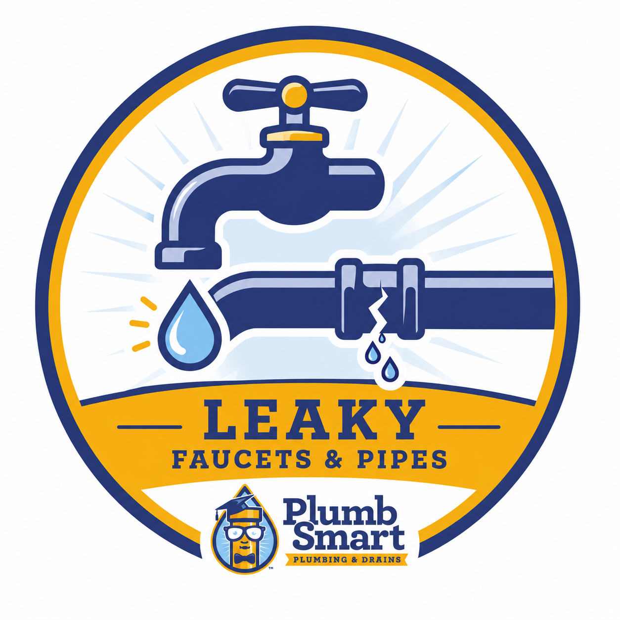 Logo for Leaky Faucets & Pipes, showing a dripping faucet, leaking pipe, and Plumb Smart branding