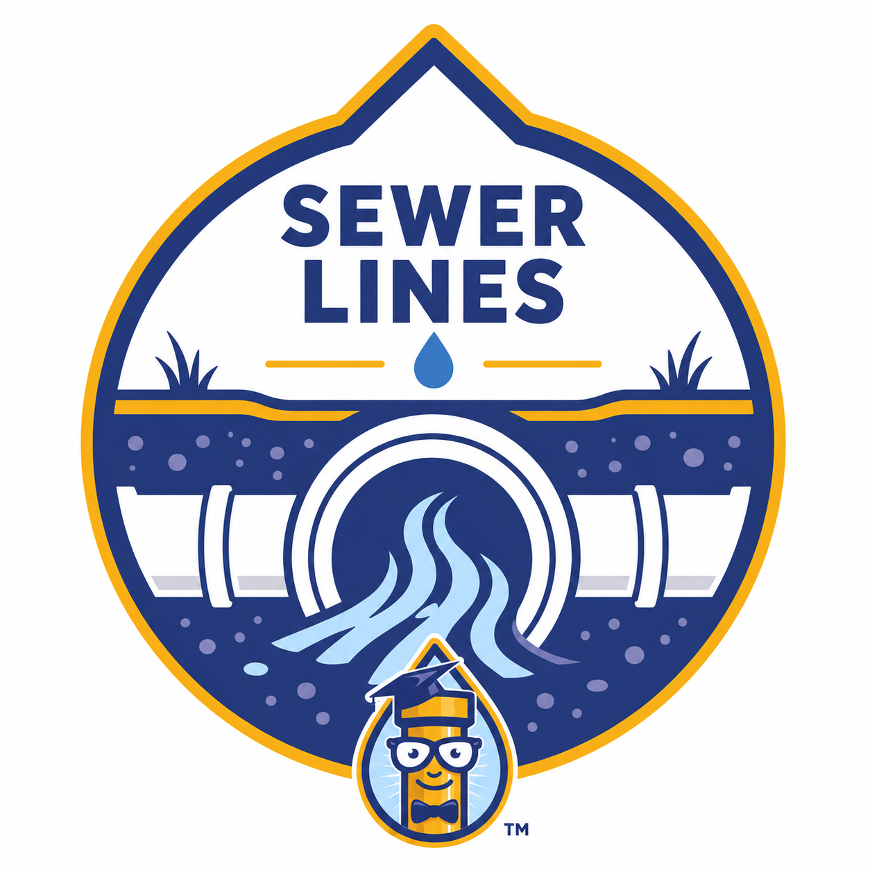 Sewer Lines logo with blue pipe, flowing water, and cartoon worker in a white-and-gold badge