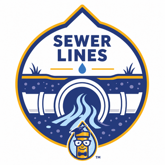 Sewer Lines logo with blue pipe, flowing water, and cartoon worker in a white-and-gold badge