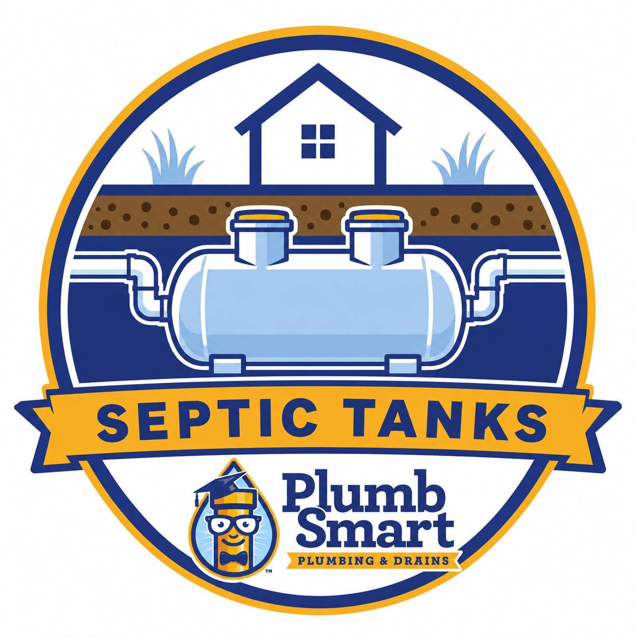 Plumb Smart Septic Tanks logo with house, septic tank, and blue-and-yellow banner