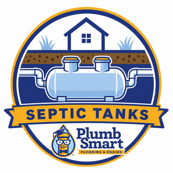 Plumb Smart Septic Tanks logo with house, septic tank, and blue-and-yellow banner