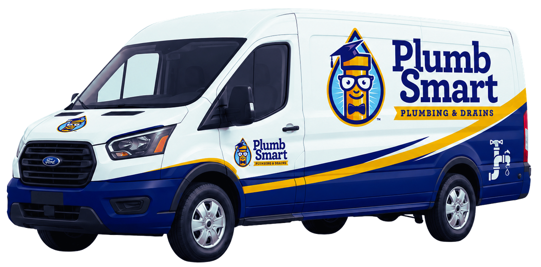 White and blue Plumb Smart plumbing service van with logo and cartoon plumber graphic