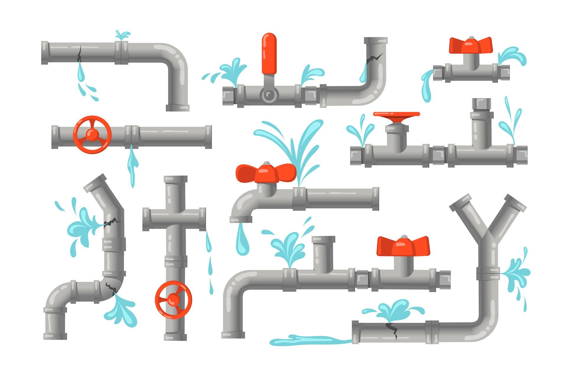 Illustration of leaking gray pipes with red valves and blue water spraying, showing a plumbing problem