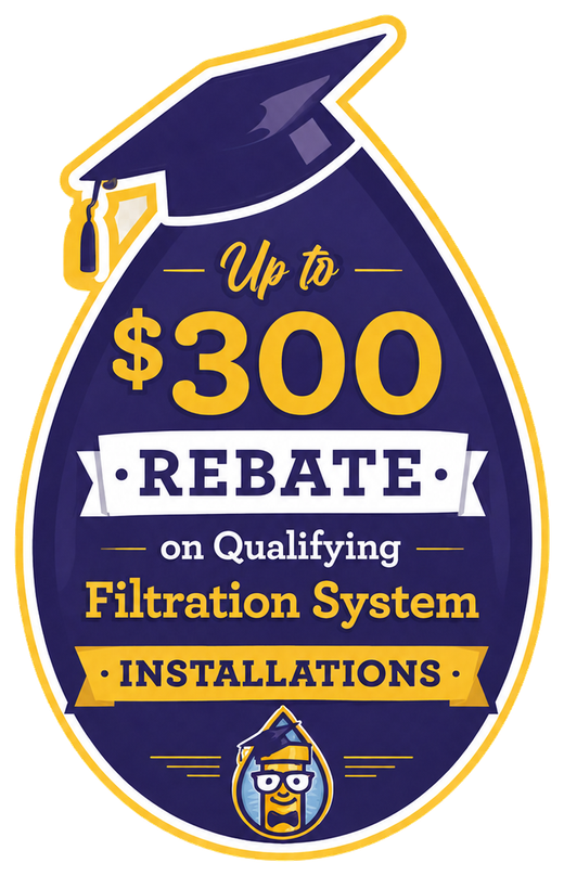 Purple and gold rebate badge offering up to $300 on qualifying filtration system installations