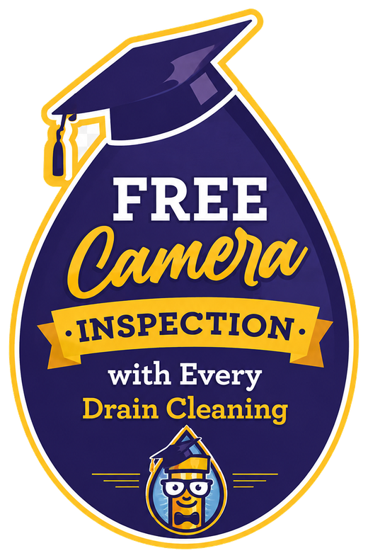 Purple and yellow drain cleaning ad: free camera inspection with every drain cleaning.