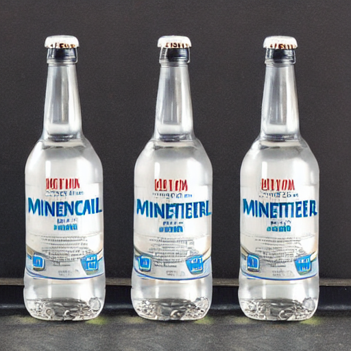 Three clear glass mineral water bottles with white labels and silver caps on a light background