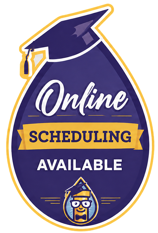 Purple and gold badge reading “Online Scheduling Available” with a graduation cap icon and owl mascot