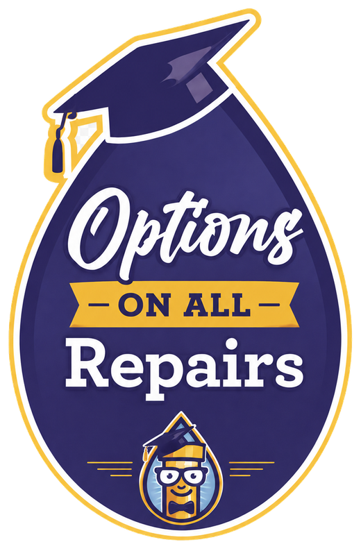 Purple repair-shop logo with graduation cap and beer mug, reading “Options on all Repairs.”