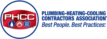 PHCC logo with blue and red emblem and text: “Plumbing-Heating-Cooling Contractors Association, Best People. Best Practices.”