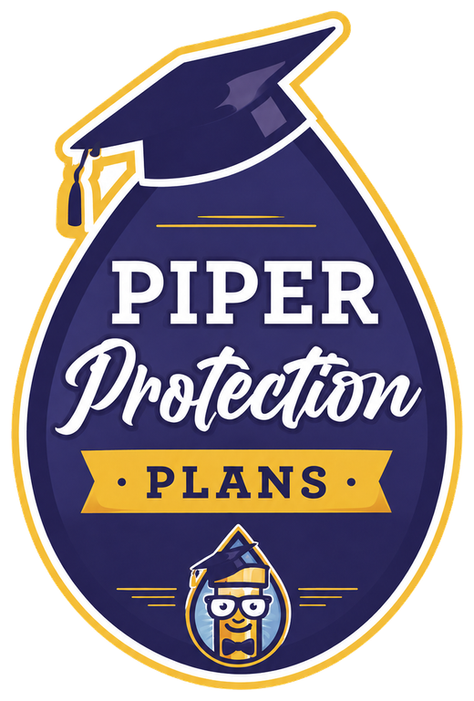 Piper Protection Plans logo with navy graduation cap and banner on a yellow shield