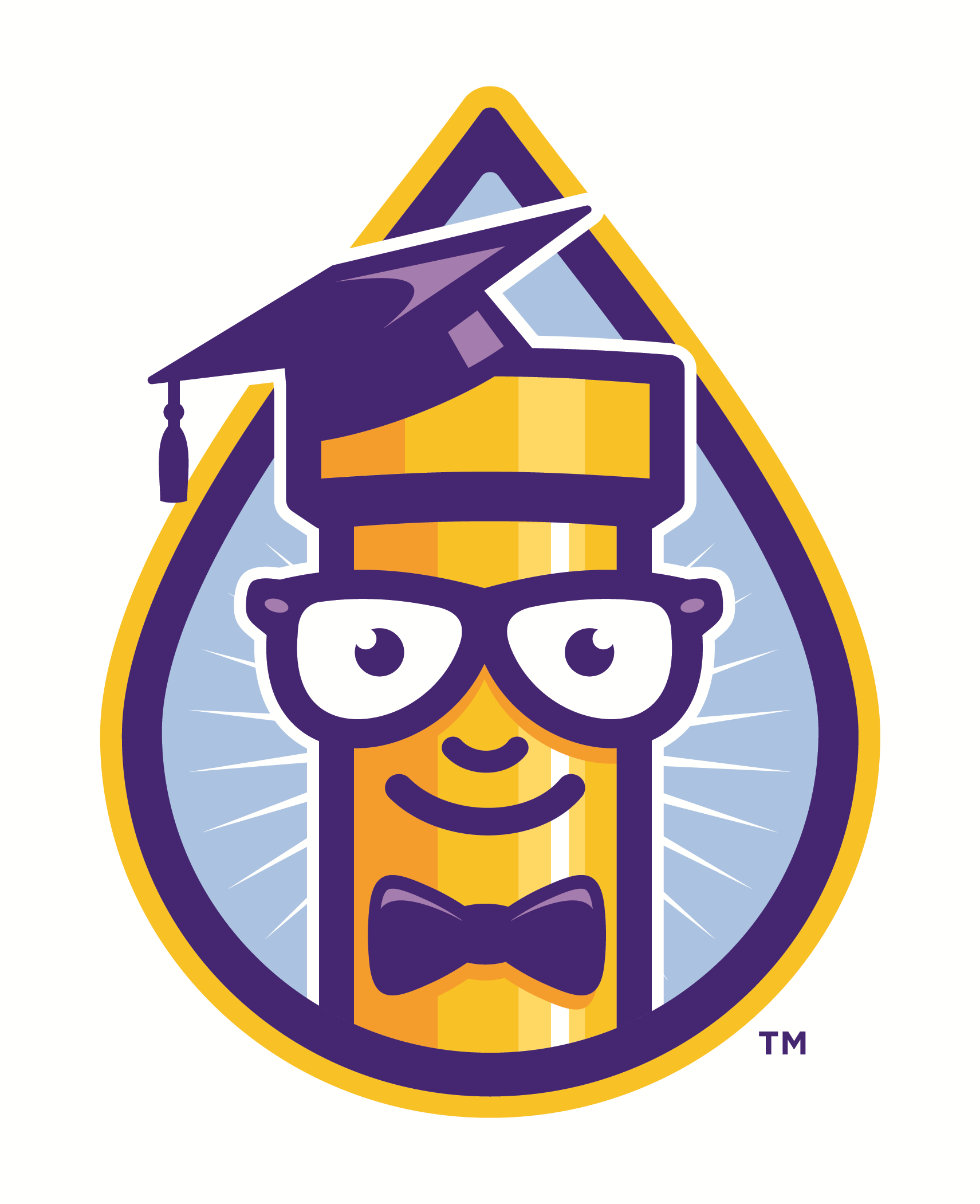 Cartoon trophy with graduation cap, glasses, smile, and bow tie in purple and gold