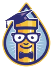 Cartoon yellow pencil wearing a purple graduation cap and glasses, outlined in blue.