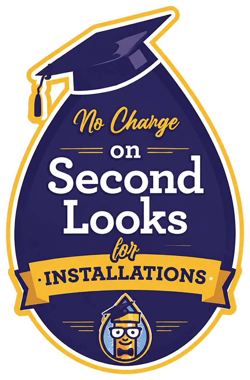 Purple graduation-cap badge with text “No Change on Second Looks for Installations” and a small owl icon