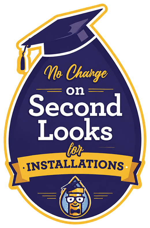 Purple graduation-cap badge with text “No Change on Second Looks for Installations” and a small owl icon